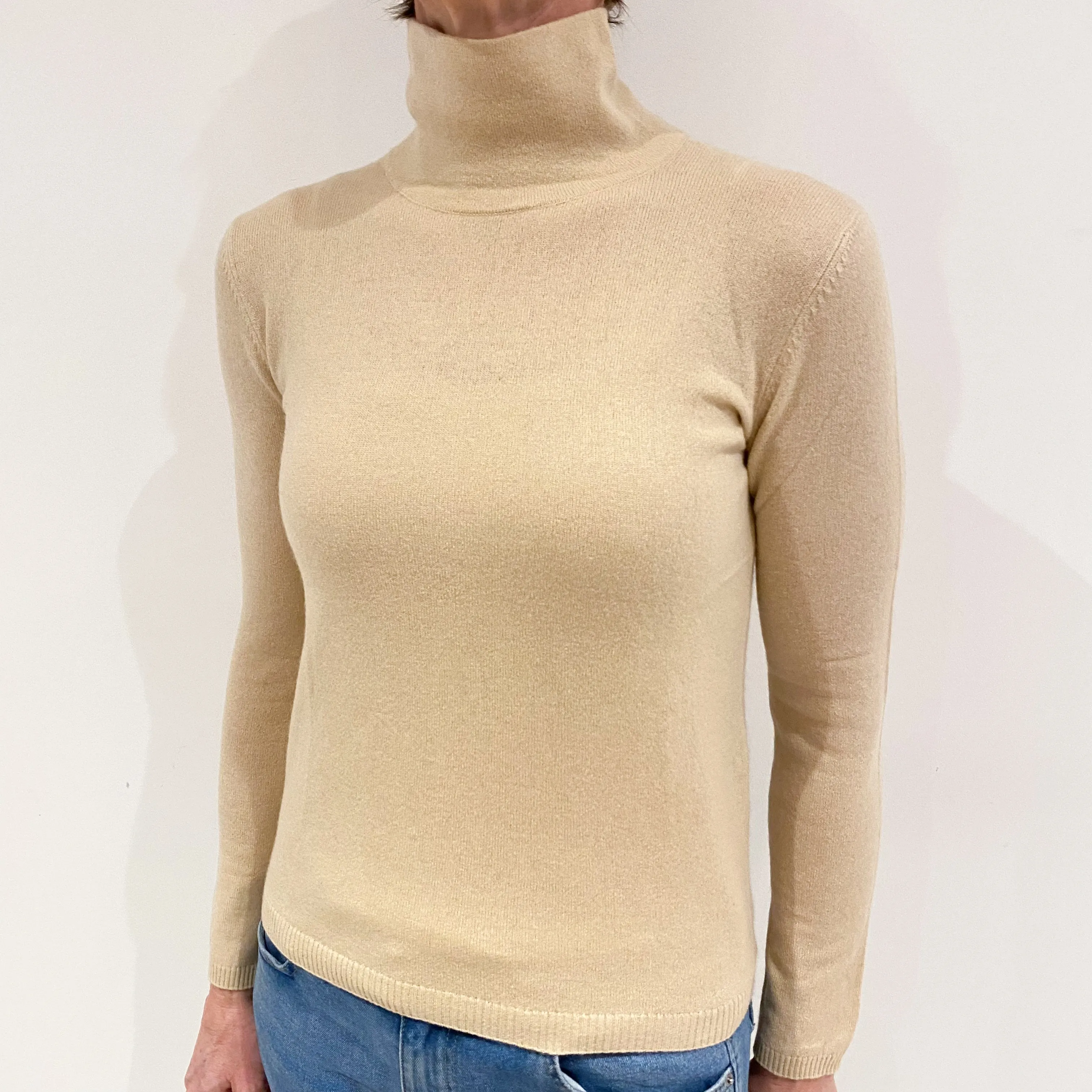 Sand Beige Cashmere Funnel Neck Jumper Small