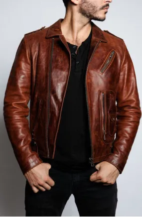 Ser Brown Leather Jacket Men Biker Motorcycle Sheepskin