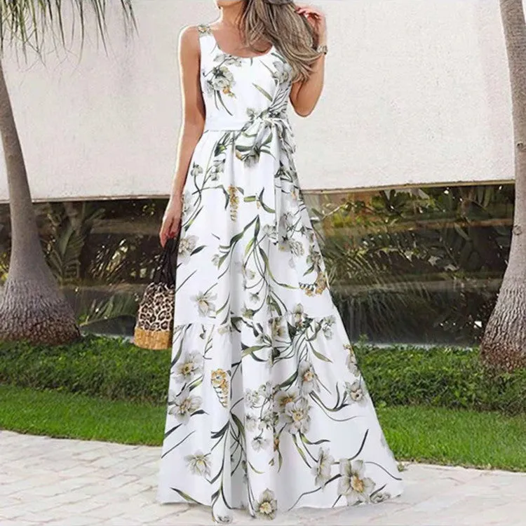 Sleeveless Belt Irregular Cake Maxi Dress