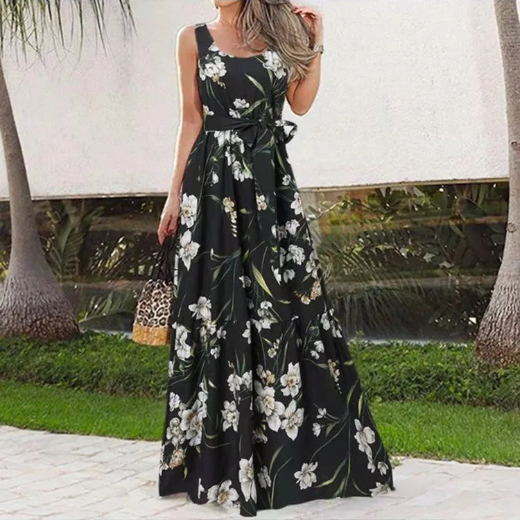 Sleeveless Belt Irregular Cake Maxi Dress