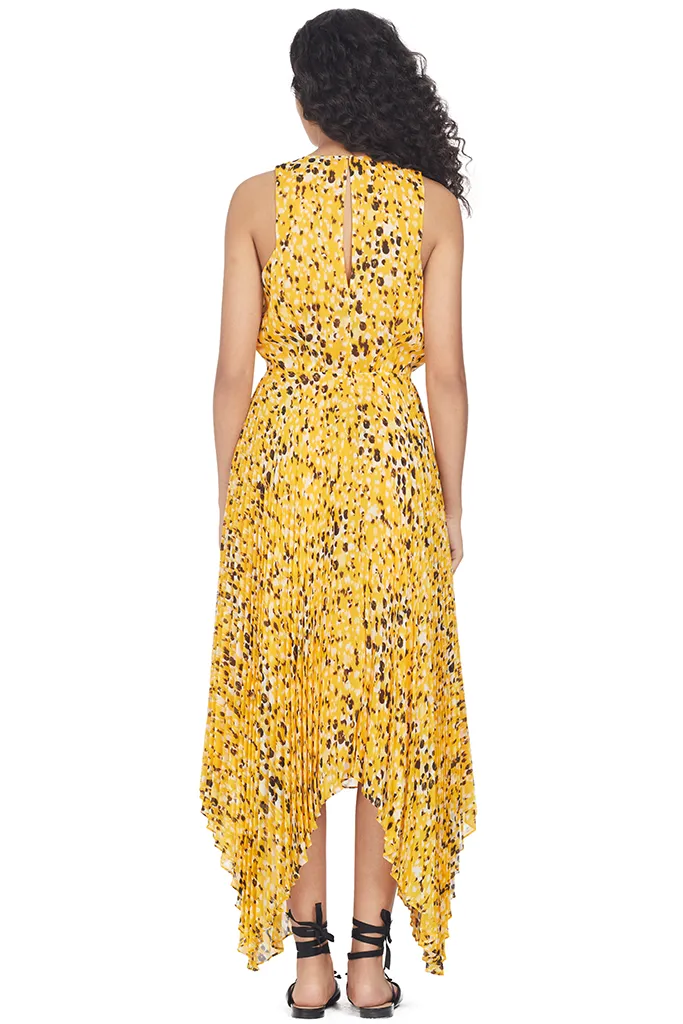 Sleeveless V Neck Dress W/ Pleated Skirt (Marigold Multi)