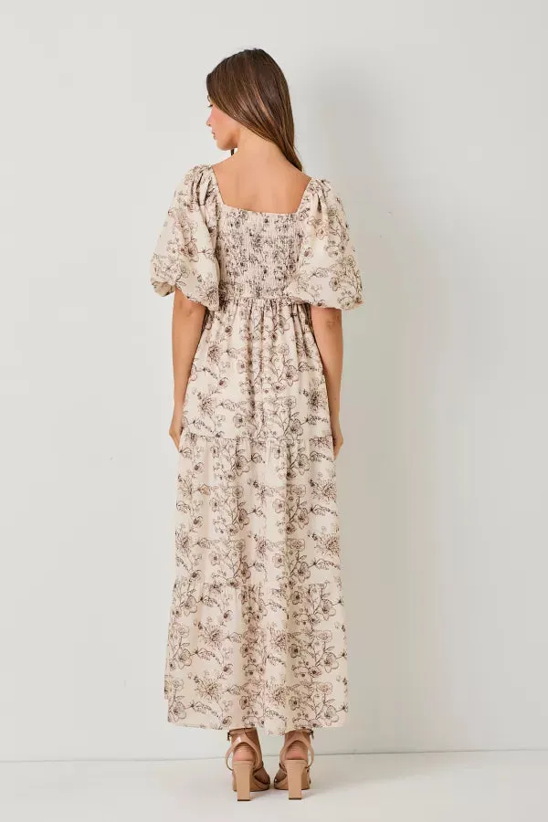 The Erlyn Bubble Sleeve Maxi Dress in Brown Multi-Sale