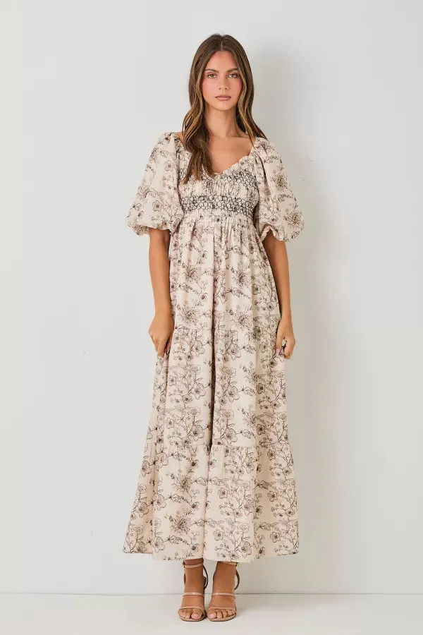 The Erlyn Bubble Sleeve Maxi Dress in Brown Multi-Sale