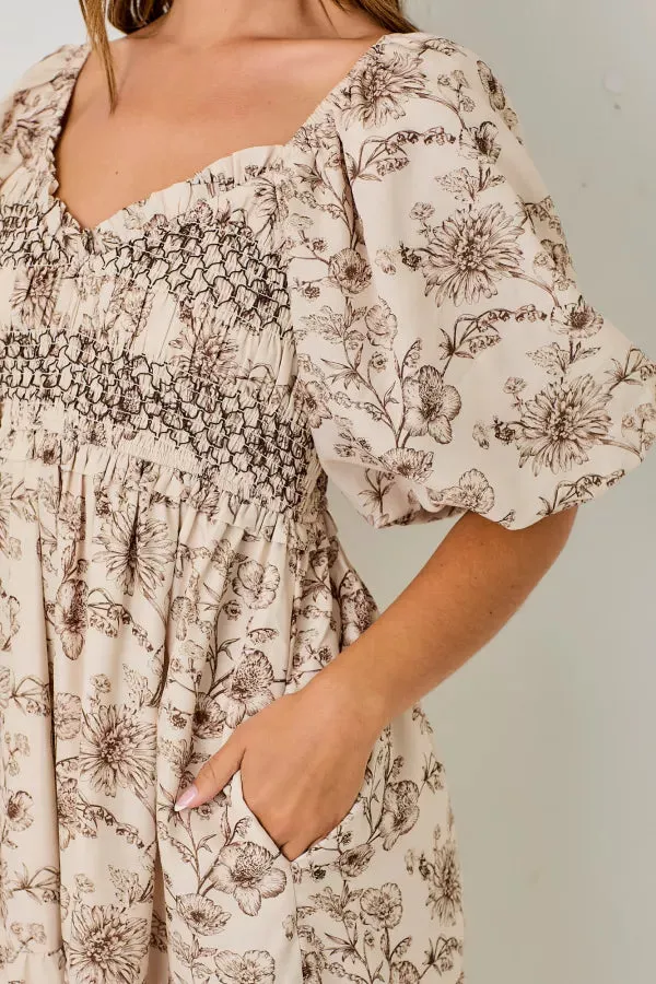 The Erlyn Bubble Sleeve Maxi Dress in Brown Multi-Sale