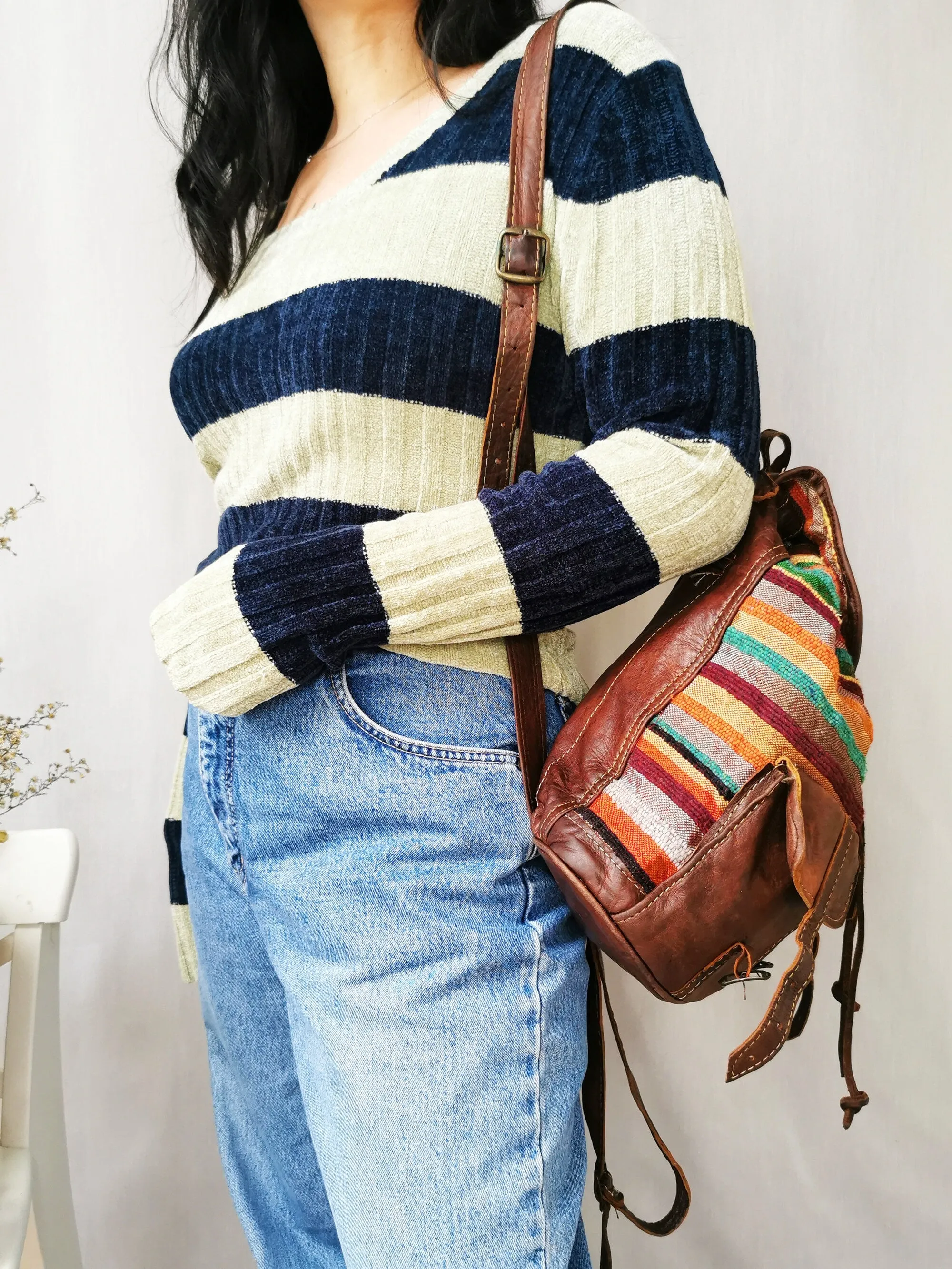 Vintage 90s fluffy striped cable knit tight jumper