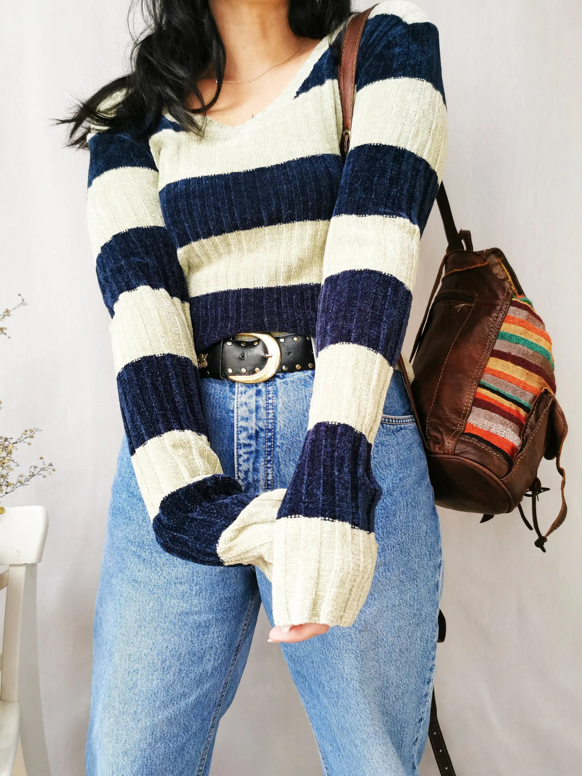 Vintage 90s fluffy striped cable knit tight jumper