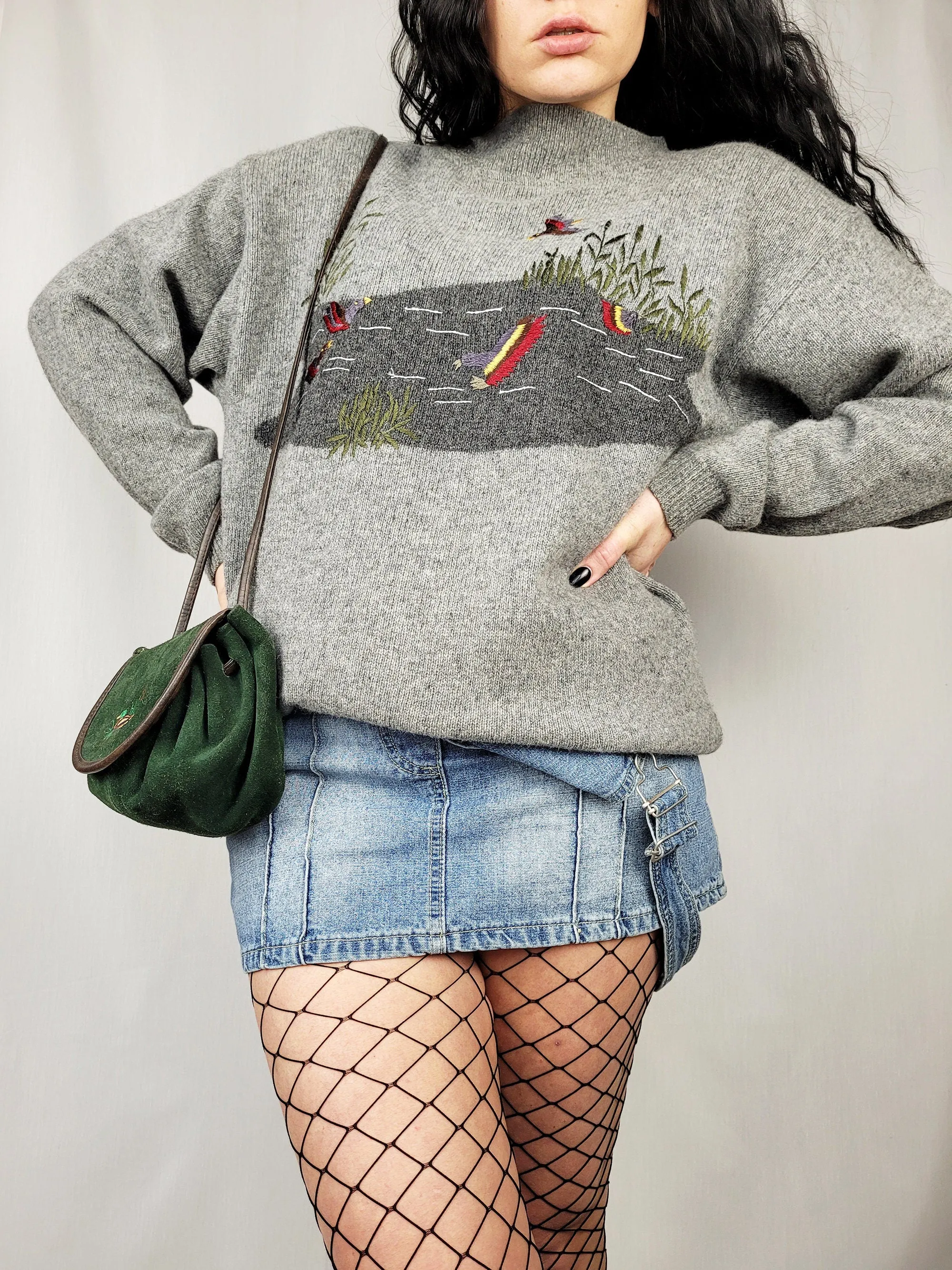 Vintage 90s grey Duck pattern woolen oversized jumper top