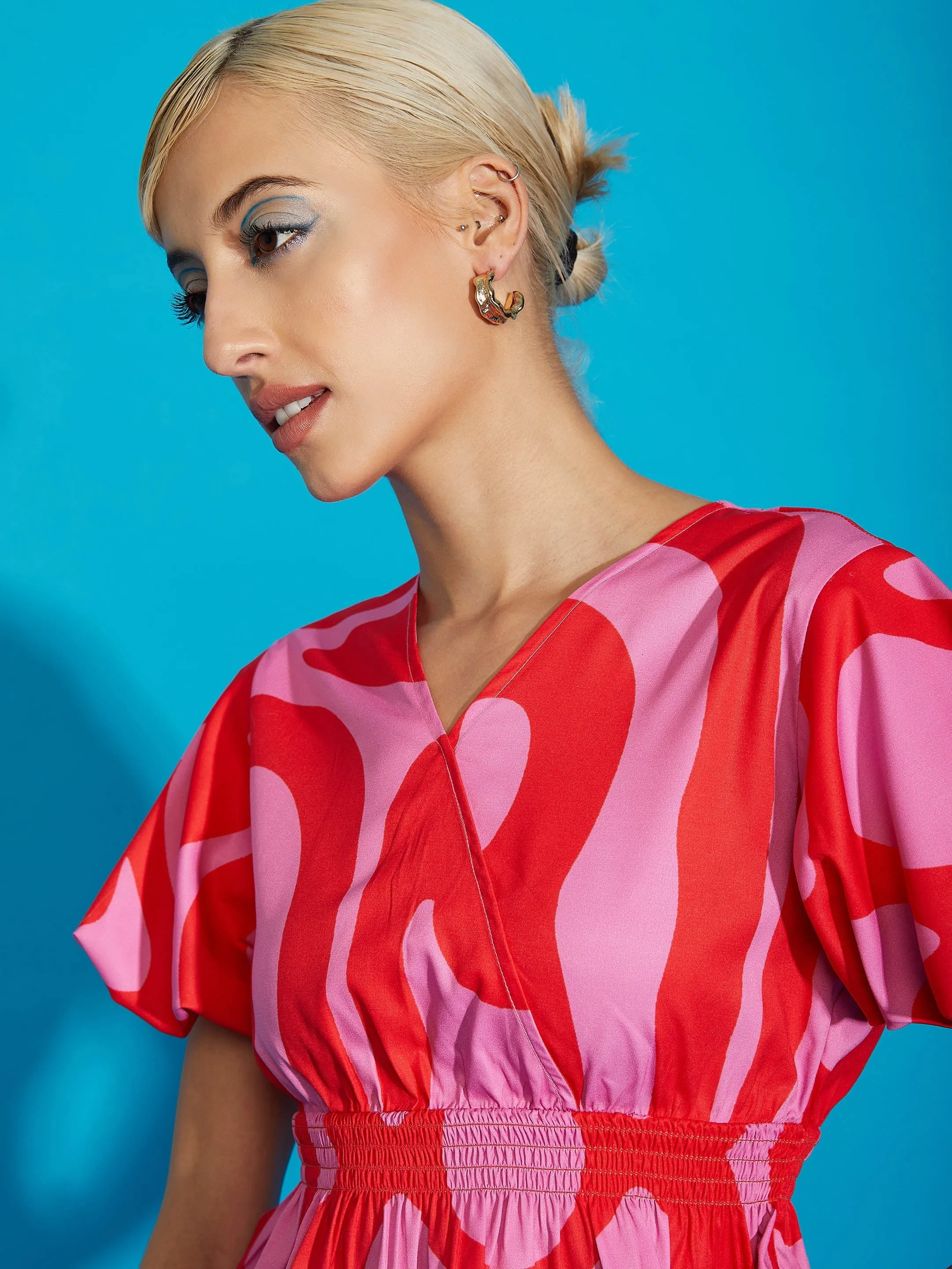 Women Pink Abstract Print Peplum Top With Tapered Pants