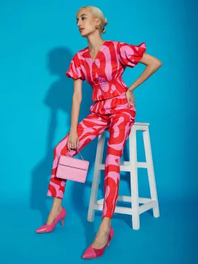 Women Pink Abstract Print Peplum Top With Tapered Pants