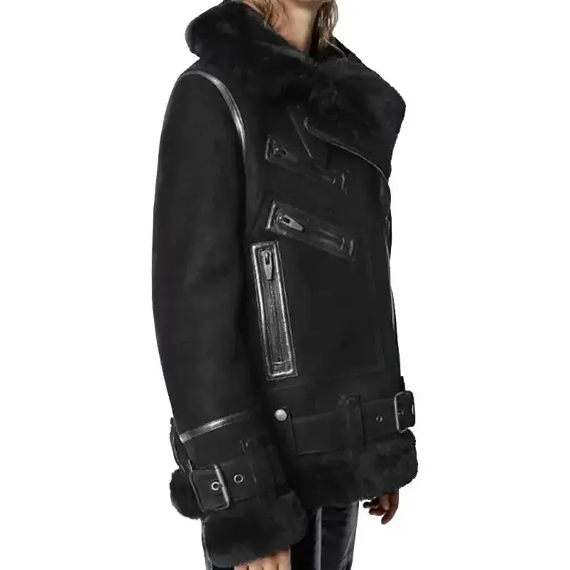 Women's Black Suede Shearling Leather Jacket - Stylish & Warm