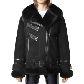 Women's Black Suede Shearling Leather Jacket - Stylish & Warm
