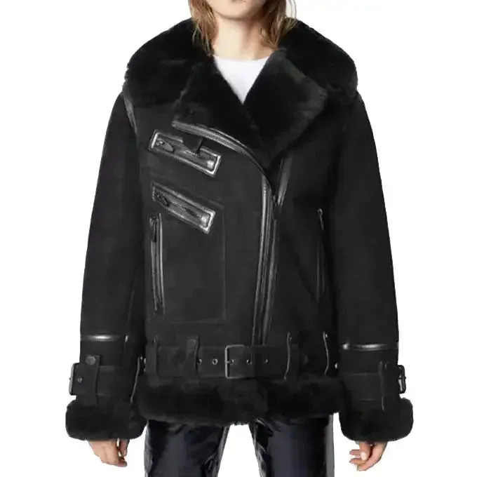 Women's Black Suede Shearling Leather Jacket - Stylish & Warm