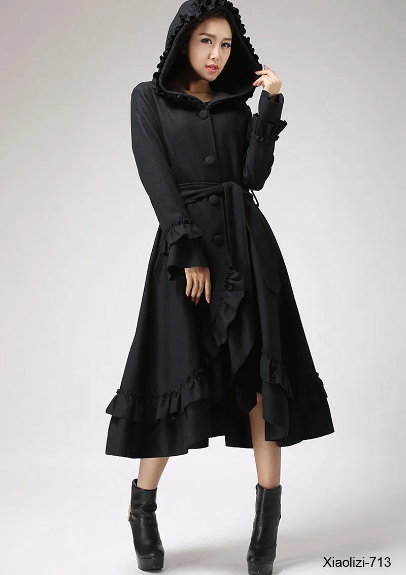 Womens Dark Green Wool Maxi Coat with Hood 1120#