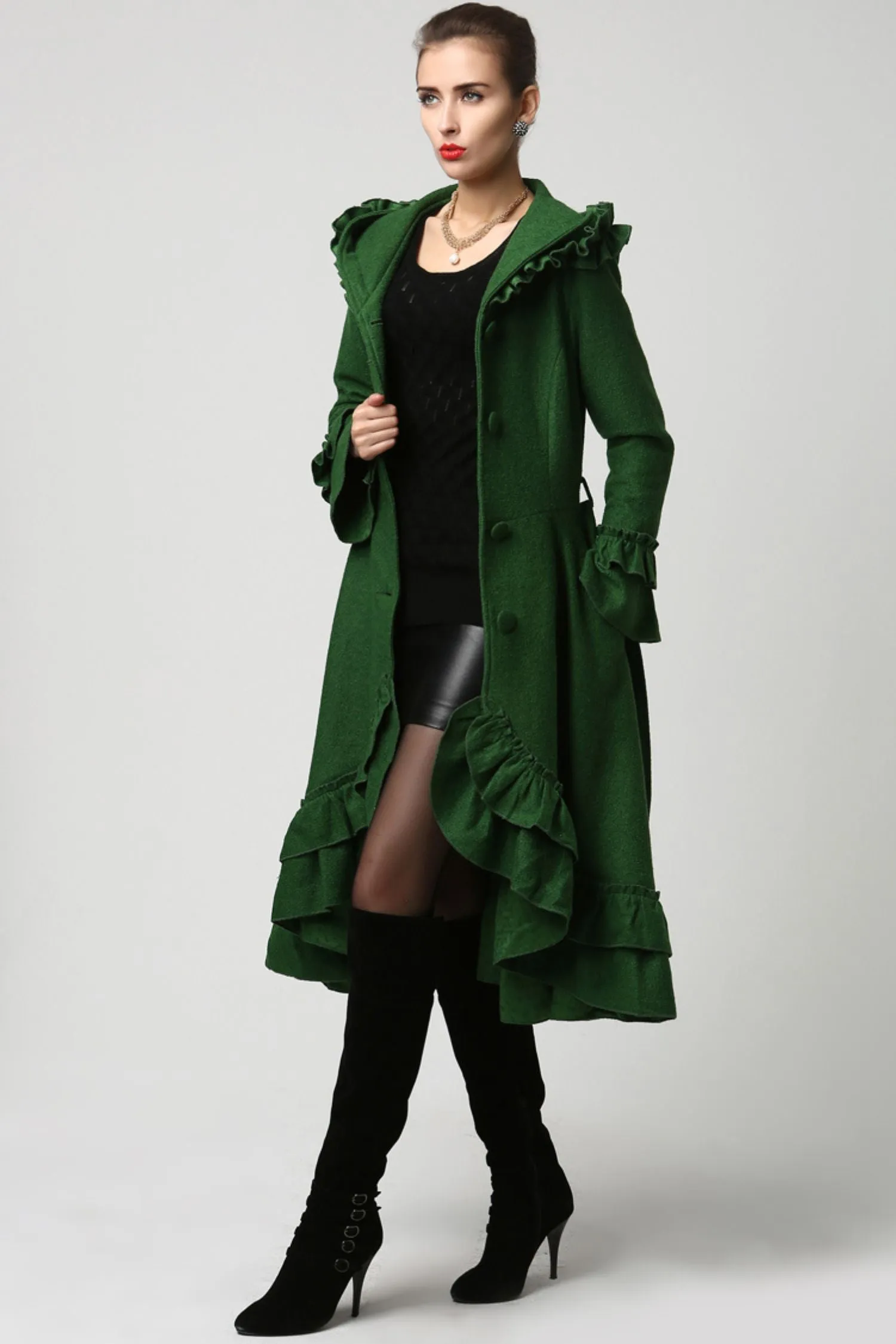 Womens Dark Green Wool Maxi Coat with Hood 1120#