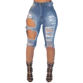 Women's Mid Waist Ripped Hole Jean Shorts Bermuda Shorts