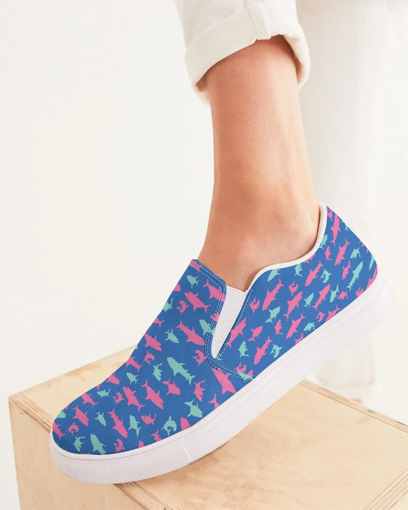 Women's Shark Print Slip-On Canvas Shoe, Electric Blue