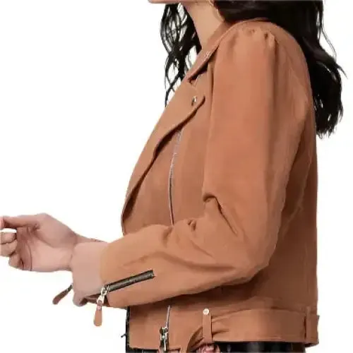 Women's Tan Brown Belted Suede Leather Biker Jacket – Chic & Stylish