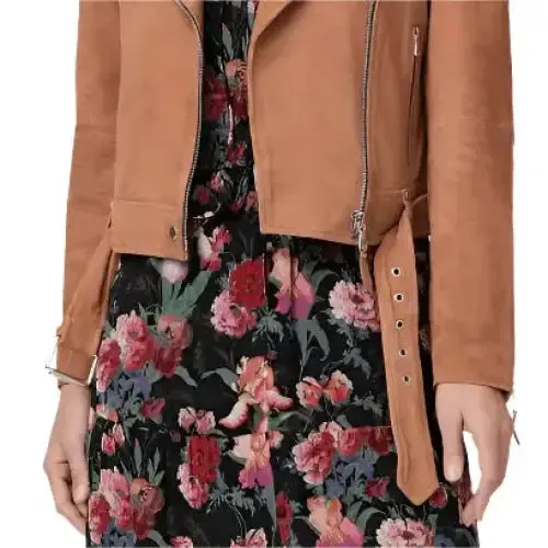 Women's Tan Brown Belted Suede Leather Biker Jacket – Chic & Stylish