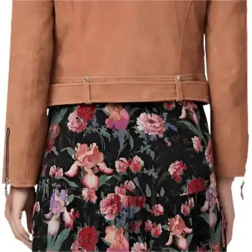 Women's Tan Brown Belted Suede Leather Biker Jacket – Chic & Stylish