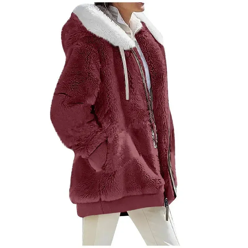 Women's Thick Cashmere & Polyester Hooded Jacket – Streetwear Style for Winter