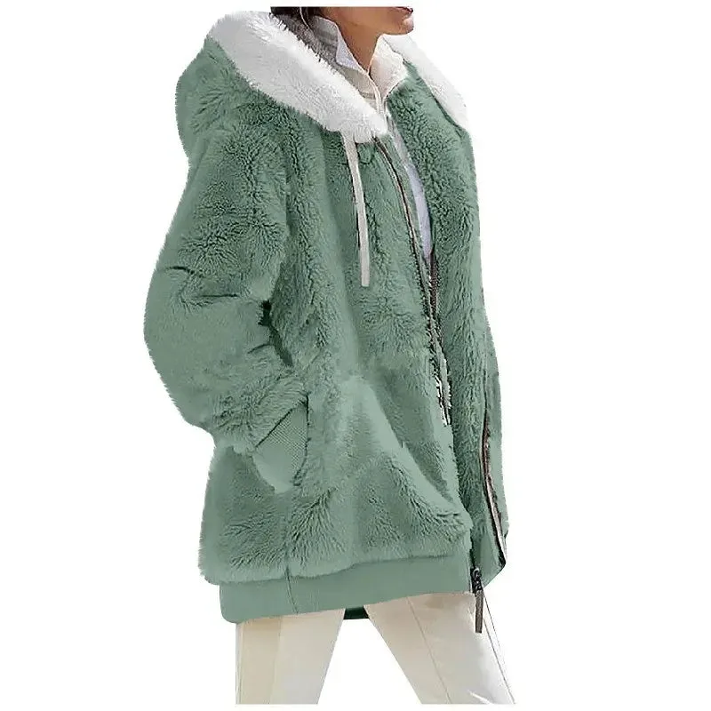 Women's Thick Cashmere & Polyester Hooded Jacket – Streetwear Style for Winter