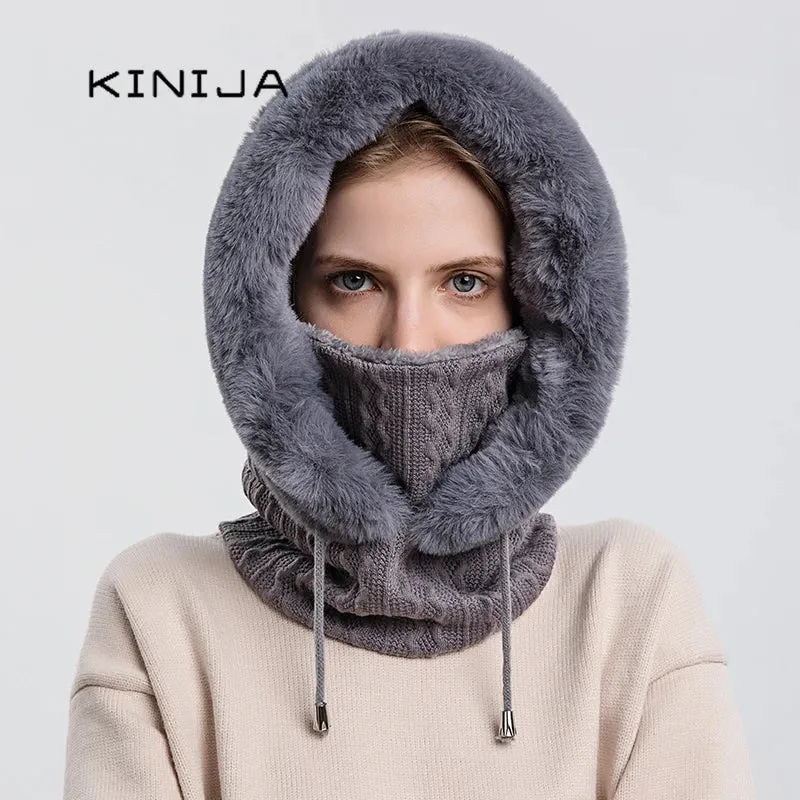 Women's Winter Fur Cap & Mask Set - Knitted Cashmere Balaclava