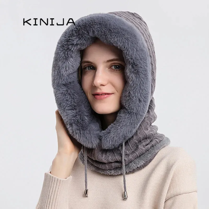 Women's Winter Fur Cap & Mask Set - Knitted Cashmere Balaclava