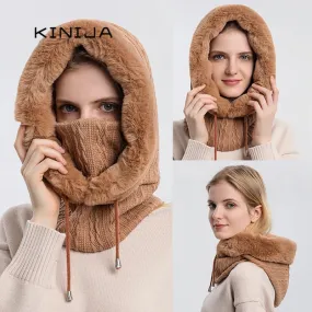 Women's Winter Fur Cap & Mask Set - Knitted Cashmere Balaclava